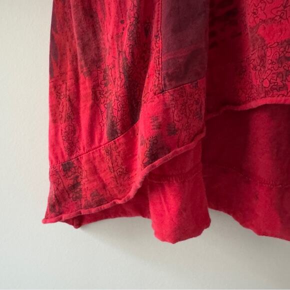 Vintage patchwork style button front Red babydoll Top 3/4 sleeves high low hem L - Picture 7 of 13